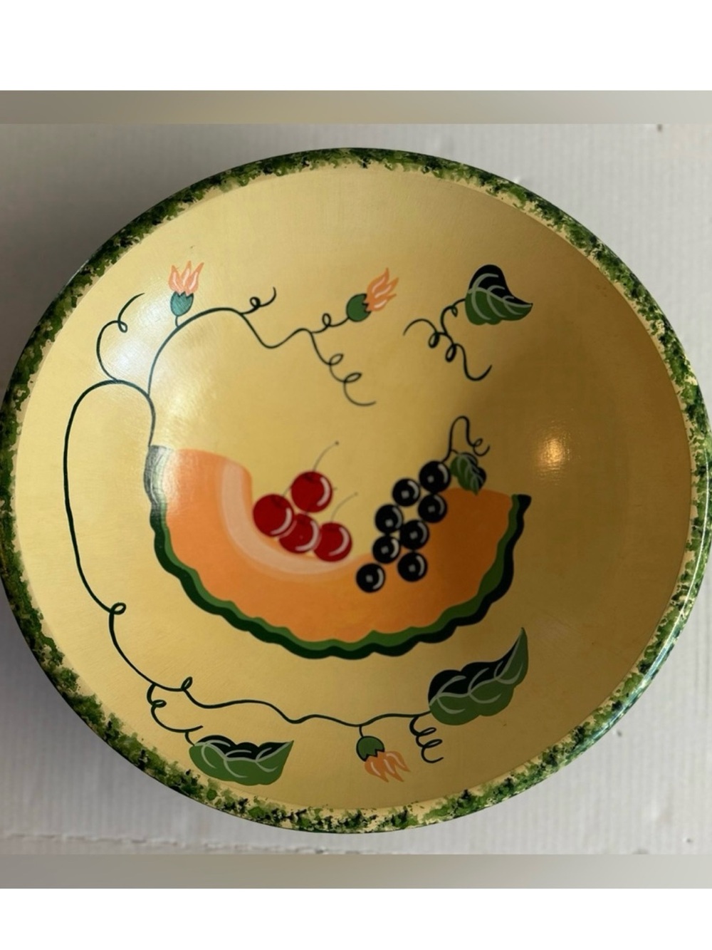 14” Vintage Tree Spirit Signed Hand-Painted Yellow Fruit Decorative Wood Bowl